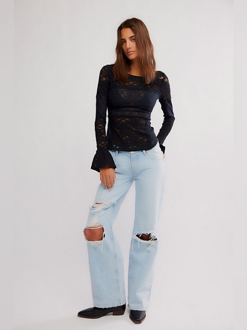 Nwt Free People Sheer Lace Flared Long Sleeve Top
